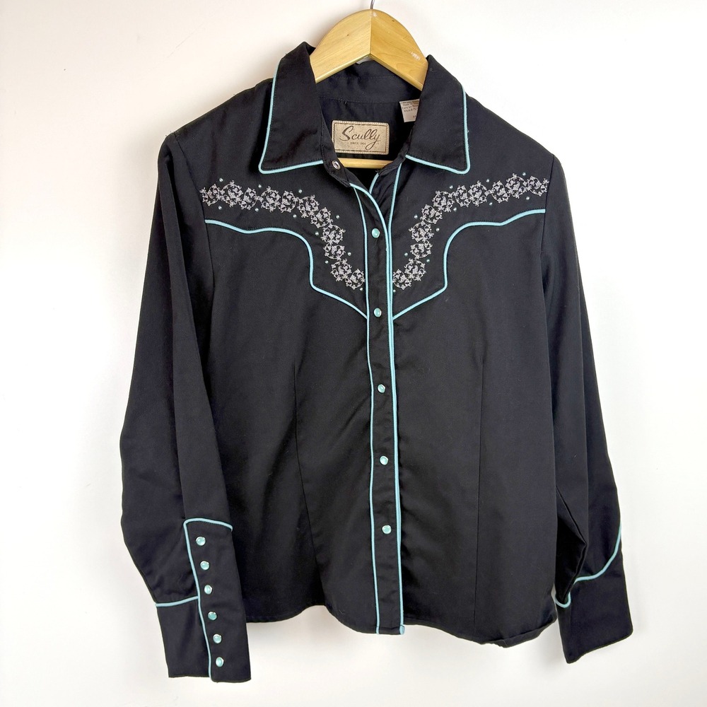 Scully Western Shirt Black Turquoise Trim Rhinestone Cross Pearl Snaps M